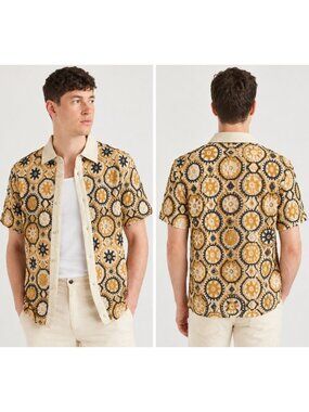 Percival Men's Crochet Knit Linen Shirt Black Cream Yellow Size M